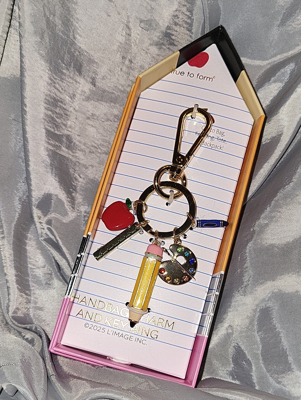 True To Form Pencil Charm Keyring - Gold with Yellow Pencil & Red Apple